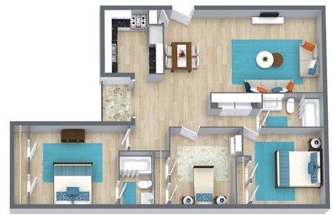 three bedroom floor plan with furniture  at Residences at Lakeshore Apartments, Oklahoma